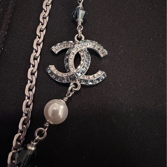 CHANEL long pearl necklace w blue crystals rhinestone classic princess sapphire - Picture 8 of 11